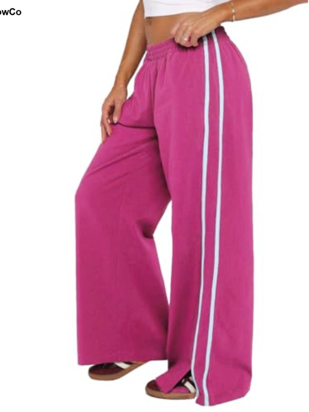 Wide Leg Pants Elastic Waistband Side Pockets Split Hem